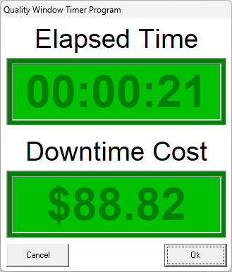 Timer window shown when a downtime event begins