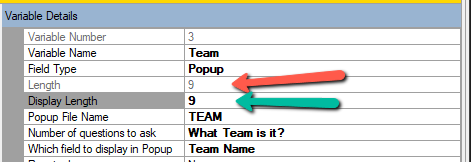 Example Length Properties for Popup and Lookup Variables.