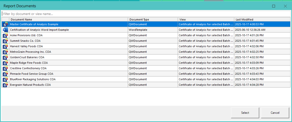 Example Selection of existing report documents