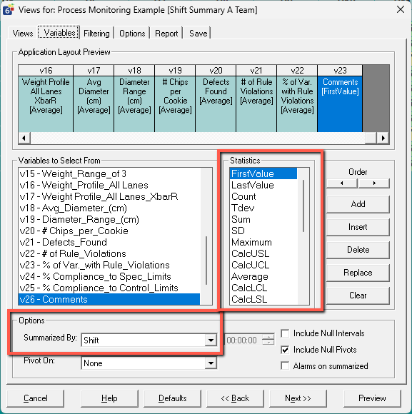 Summary Statistics Selection List