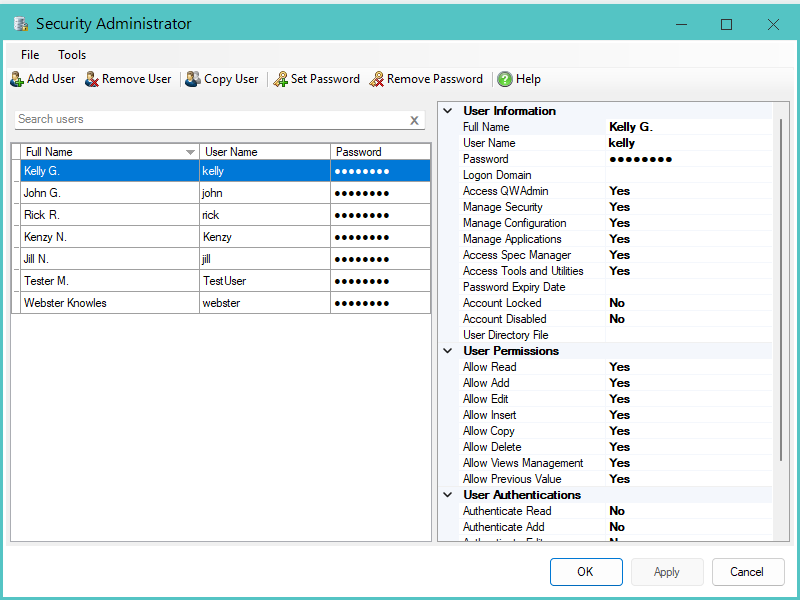 Security Administrator overview showing user list and configuration panels
