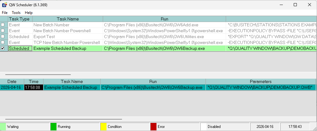 QW Scheduler main screen