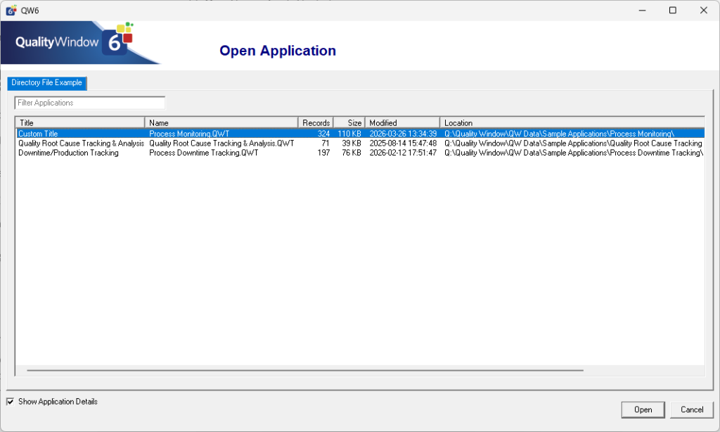  Workstation Open Screen Showing Filtered Applications from DIR File