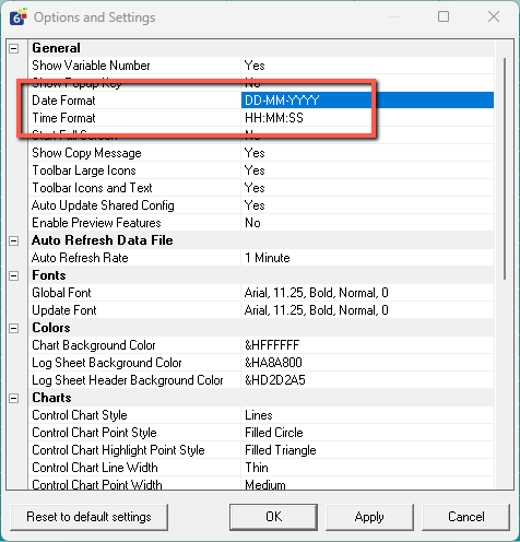 Example of Date and Time format settings in Settings Dialogue