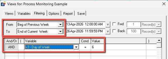  Example Filter setup with Date filter and Variable filter set to DOW = 6