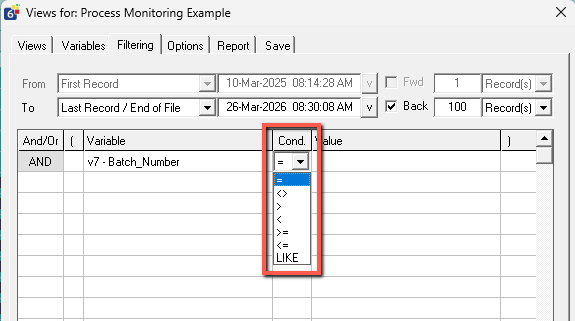 Filter dialog showing variable and condition options