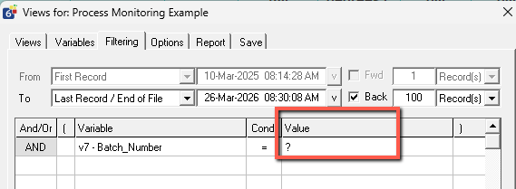 Filter dialog showing “?” entered in Value field