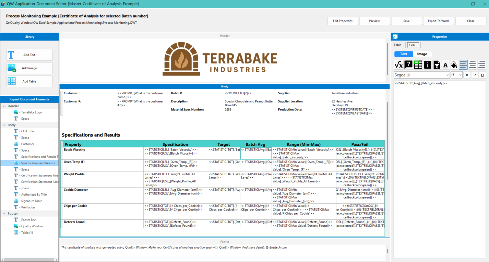 Example COA Layout in Report Documents Editor
