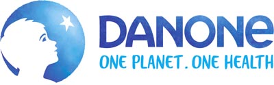 Danone logo with tag line "one planet, one health" 