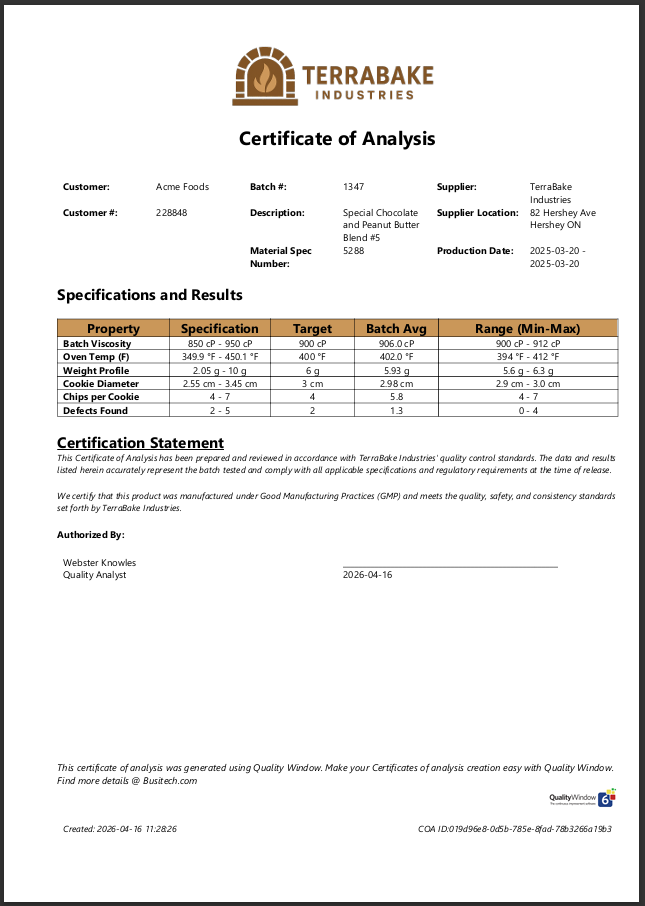 Example COA generated in Quality WIndow