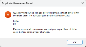 Example Administrator Message when duplicate usernames are found.