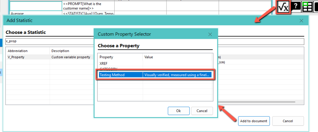 Example of selecting custom properties in Report Documents Editor