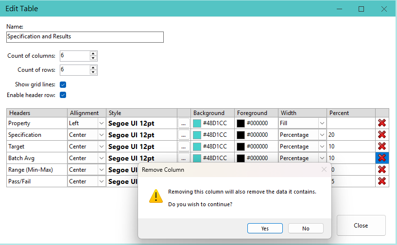 Table Header Column delete