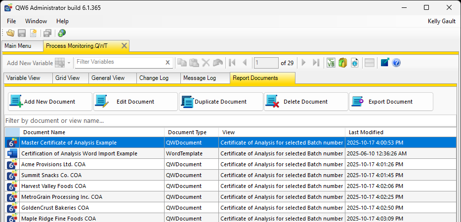 QW Admin Maintain Application with Report Documents tab selected
