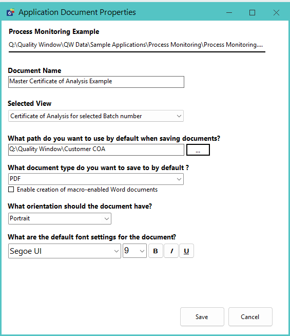Report Document configuration screen