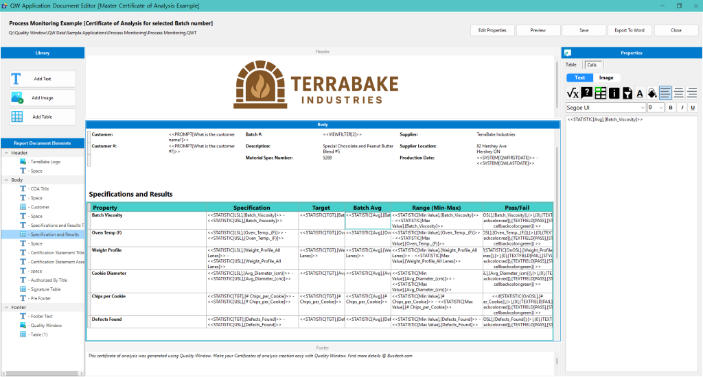 Report Documents editor showing COA layout