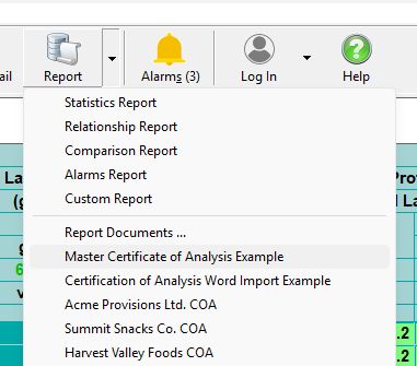 Example Selecting a report in QW Workstaions