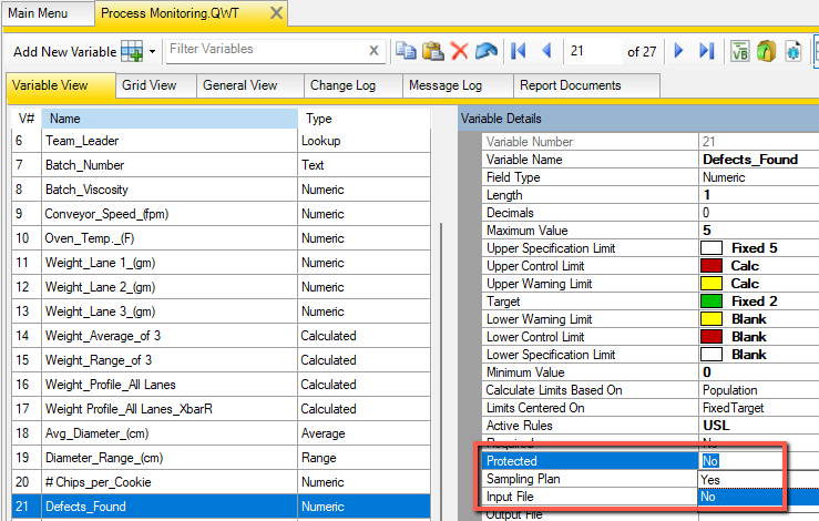 QW Admin variable settings with Protected option highlighted
