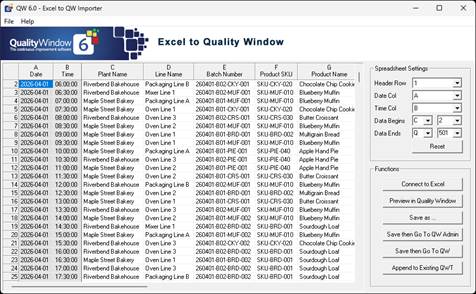 Excel To QW Importer showing loaded data