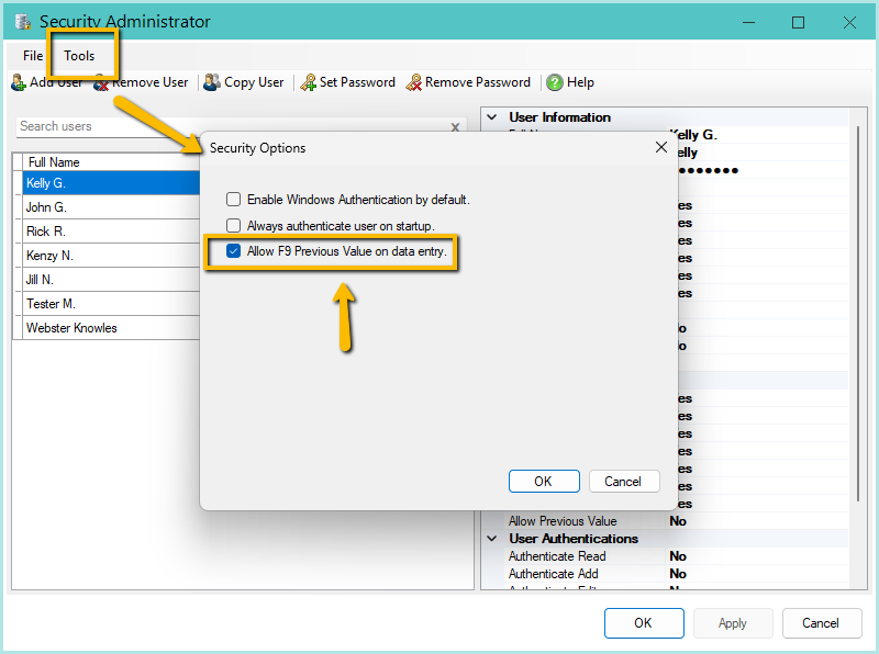 Global Security Options Screen