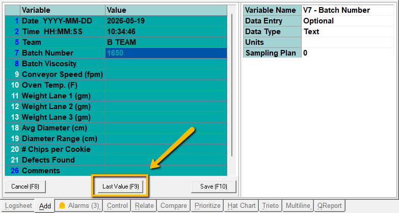  Example of F9 Previous Value During Data Entry