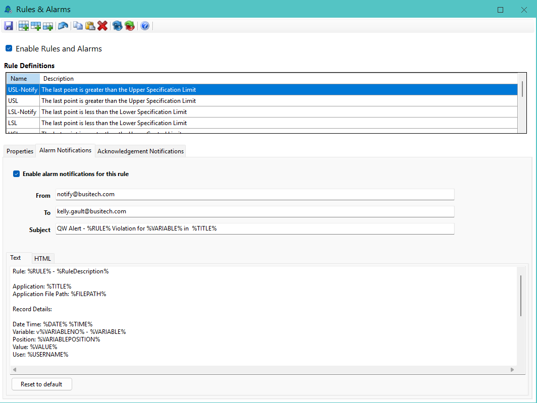 Alarm notification configuration