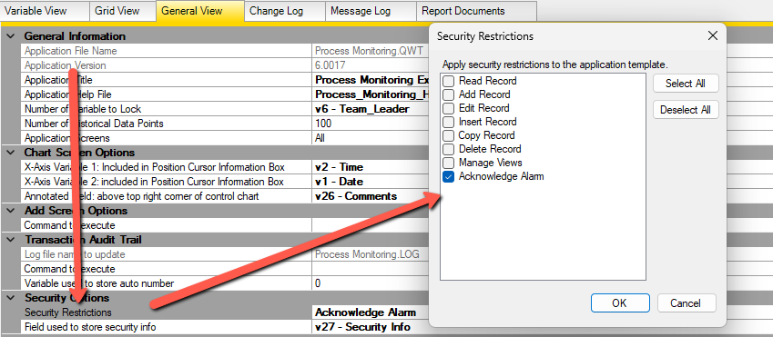 Application security restriction showing Acknowledge Alarms