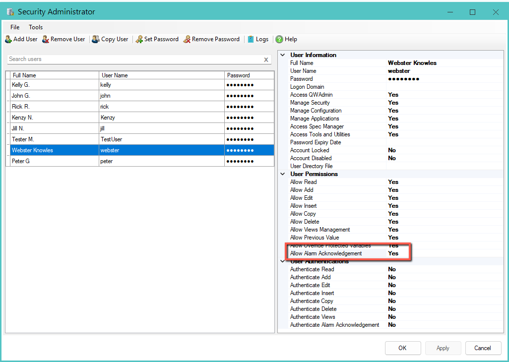 User permission showing Allow Alarm Acknowledgement