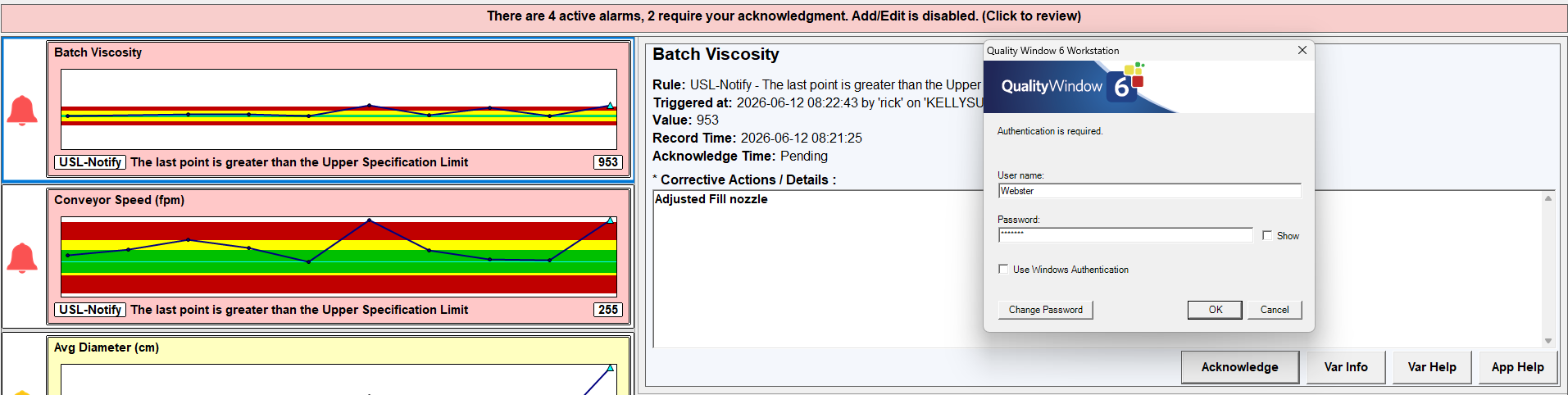 Alarm acknowledgement login prompt