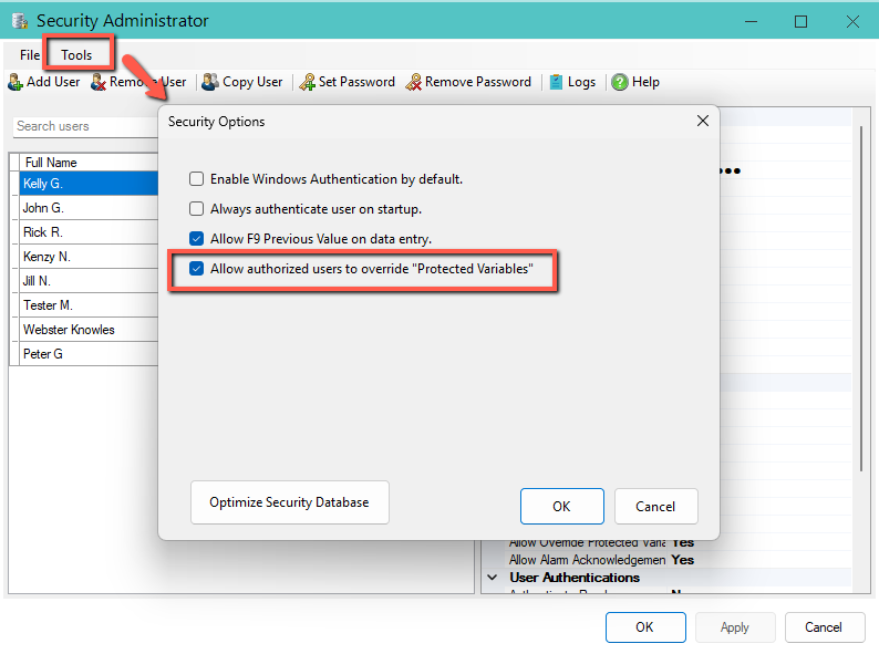 Security Options showing "Allow authorized users to override protected fields