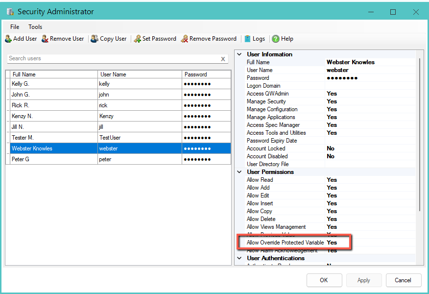 User permissions showing "Allow Override Protected Variables"