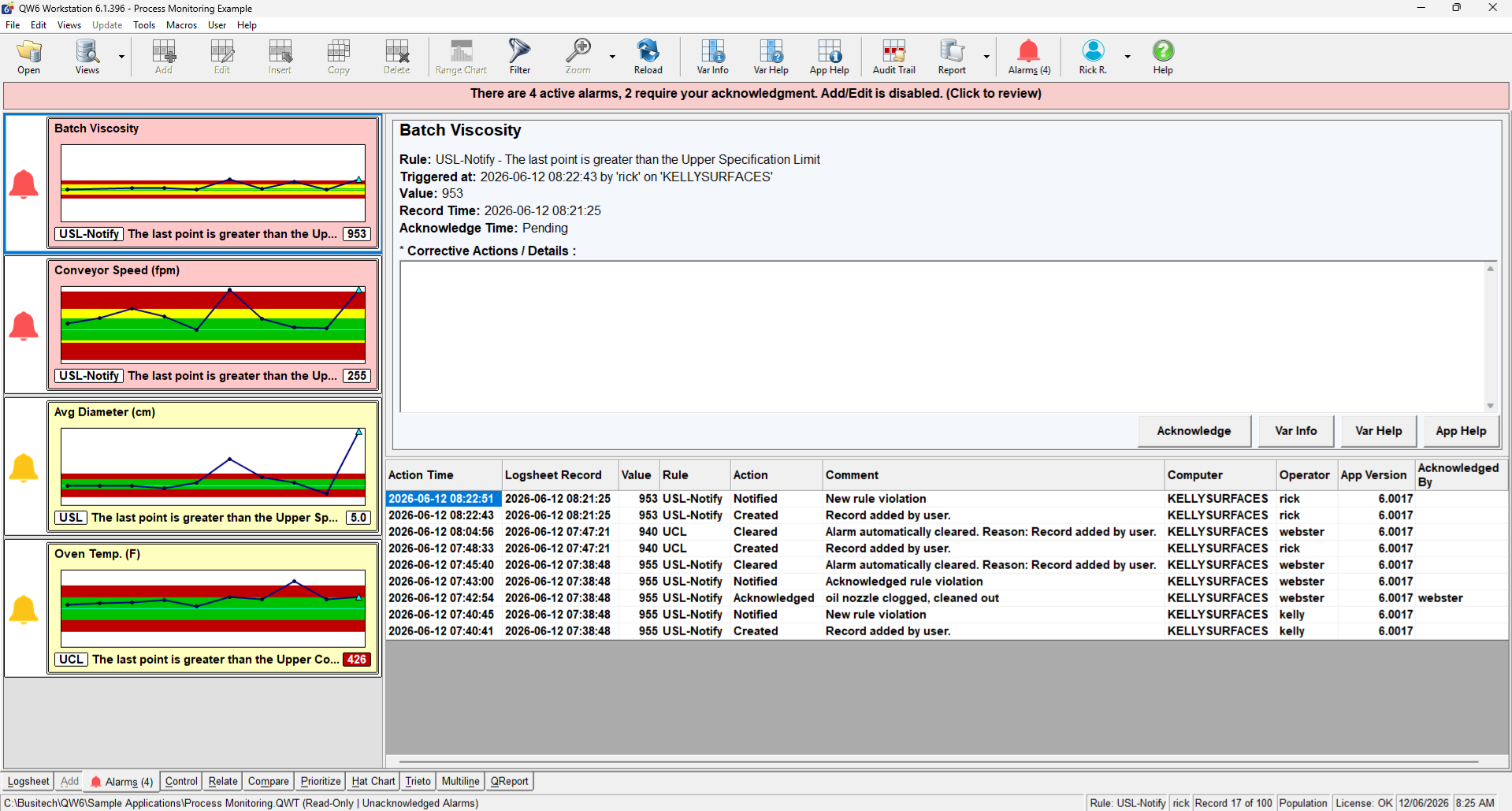 Example alarm displayed in QW Workstation