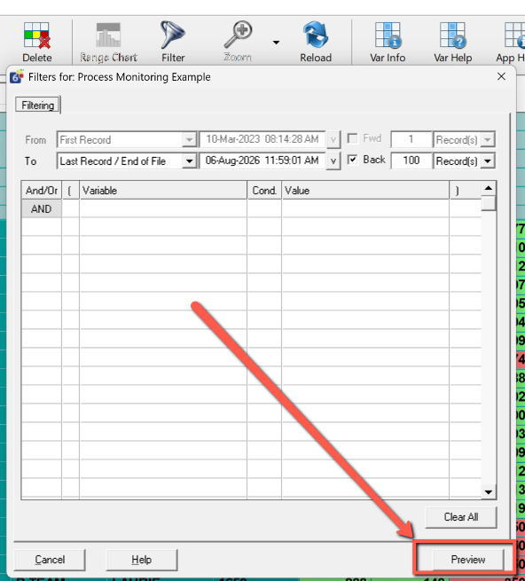 Filter window showing the Preview button