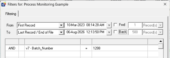 Variable filter configured for a batch number