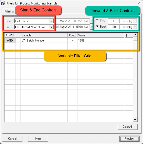 Full Filter window with the three main areas identified