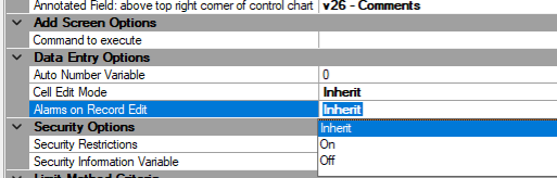 Configure alarm processing on record edits for an individual application.