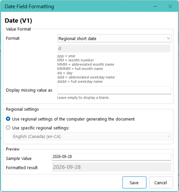 Choose the date format and regional settings required for your document.