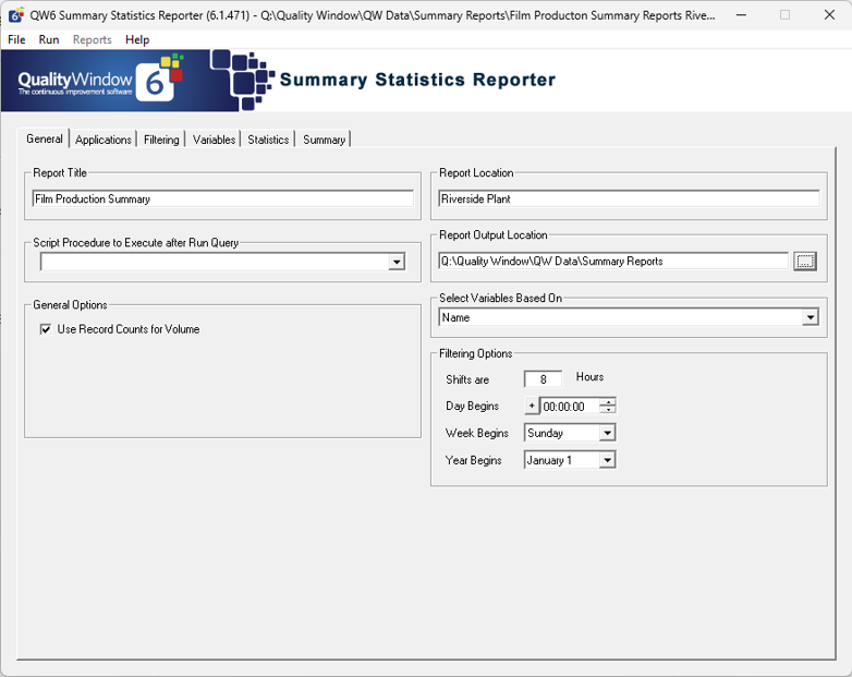 SumStat configuration screen